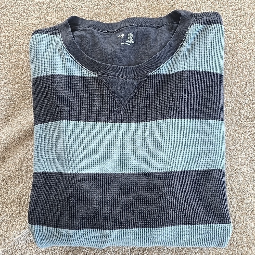 Gap GW Rugby Thermal Blue Stripe Textured Long Sleeve Shirt Men's XXL Y2K